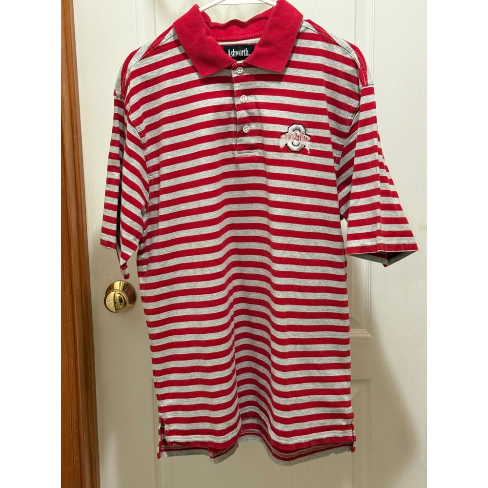 Ashworth Ohio State Buckeyes Mens Large Red Grey Striped Cotton Polo Shirt
